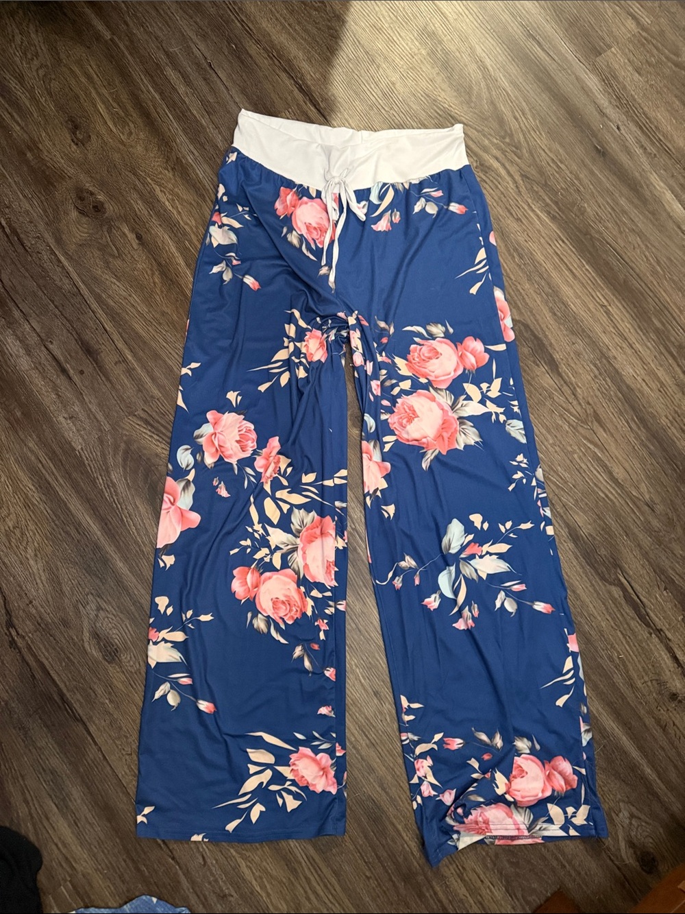 Floral Wide-Leg Lounge Pants - Blue with Pink Roses